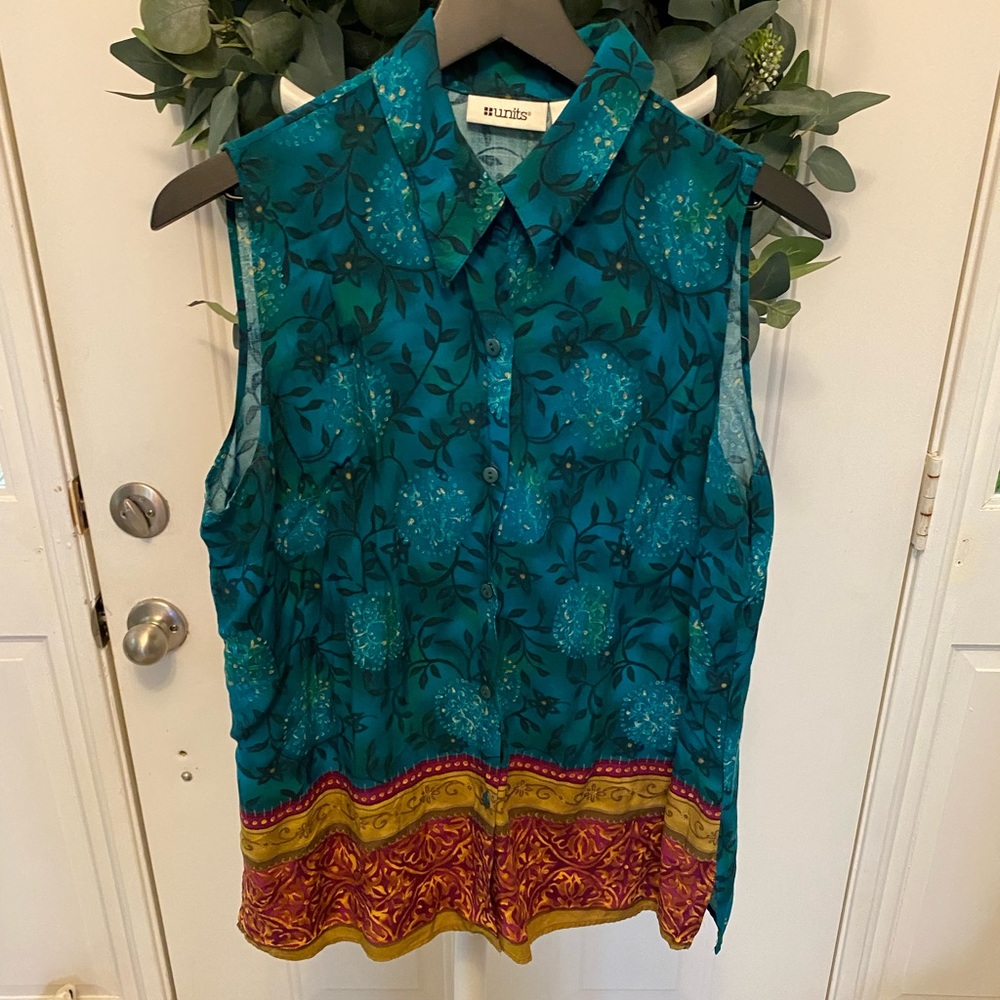 Vintage Units 80s 90s Colorful Floral Sleeveless Button Down Top L